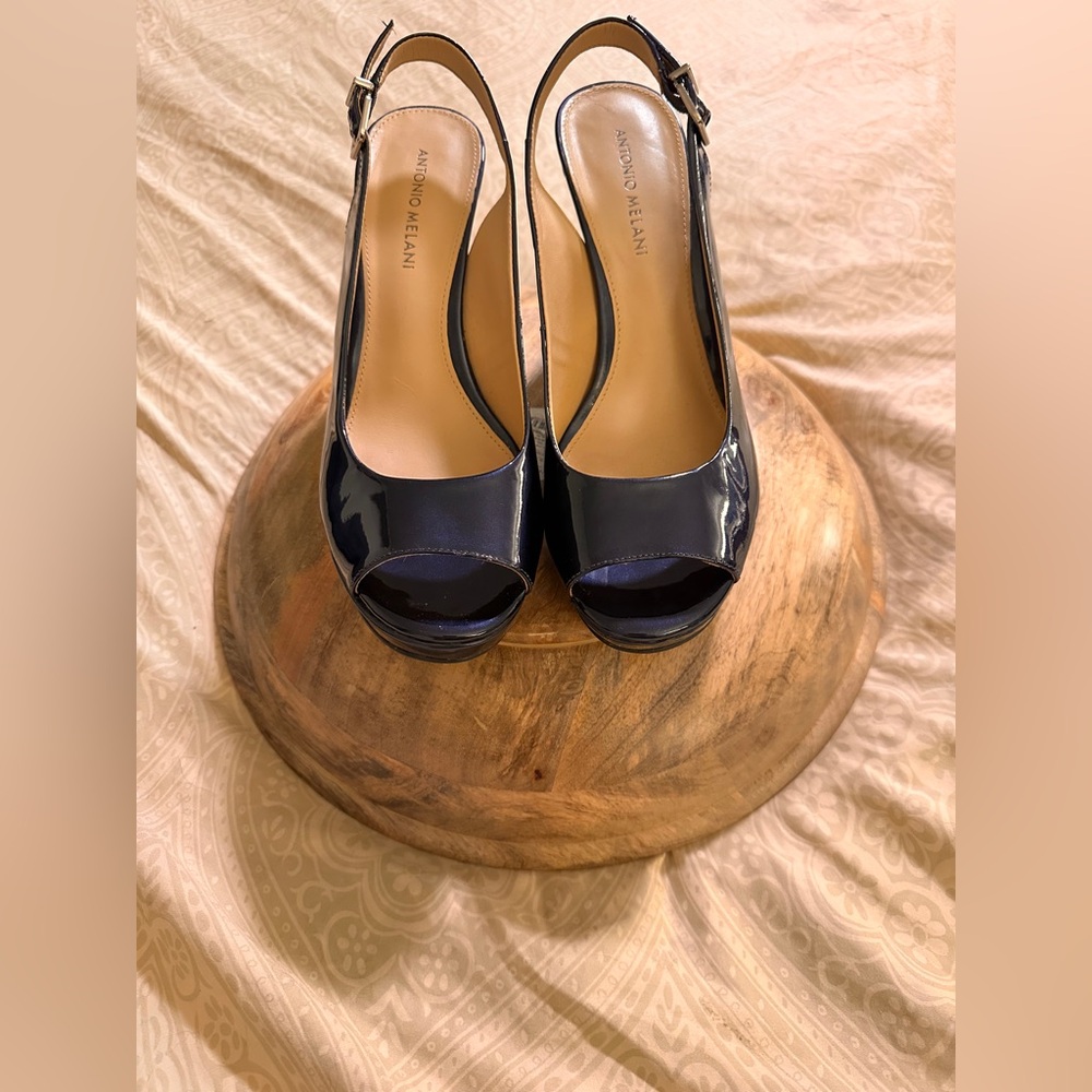 Antonio Melani‎ Haleen Patent Leather Blue Platform Heels Peep Toe Pumps